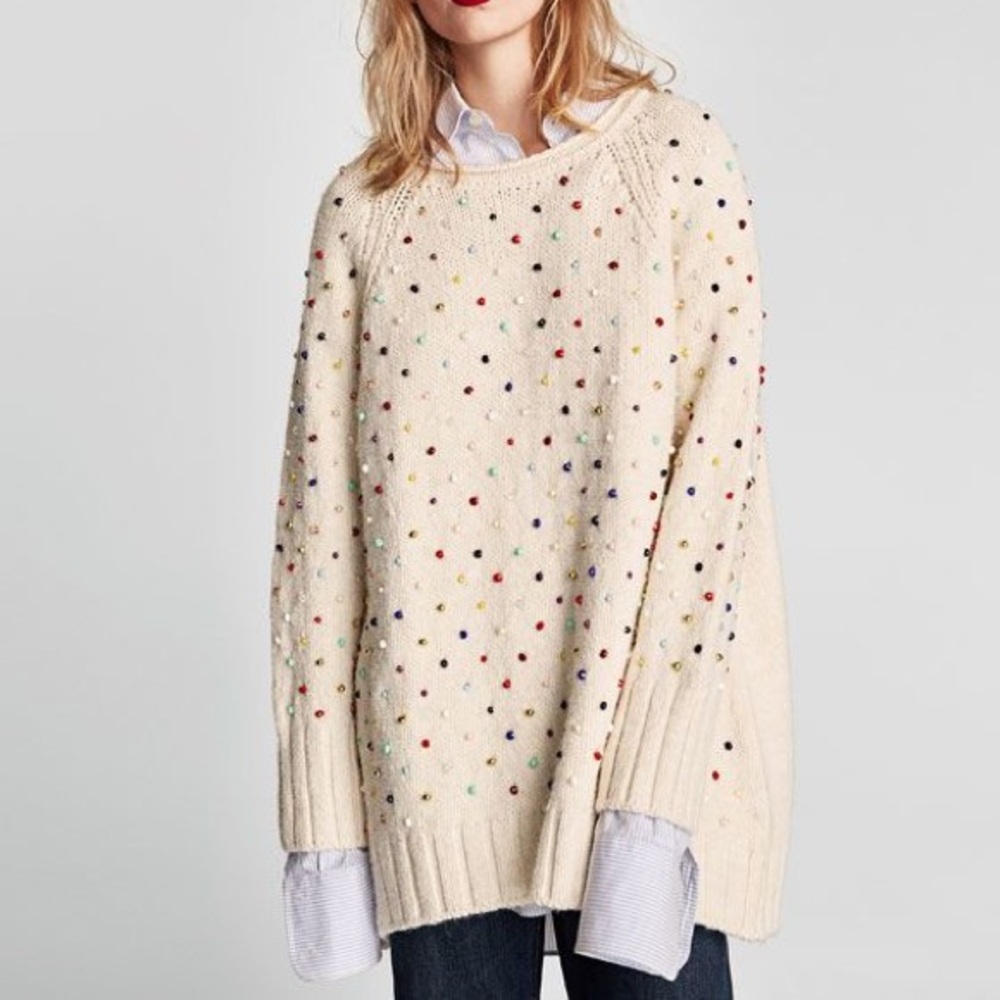 Zara White Oversized Beaded Pullover Sweater Sm